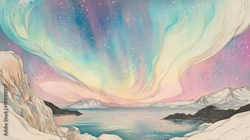 A vintage handdrawn postcard of the Northern Lights in Iceland, with soft, ethereal lines and colors photo