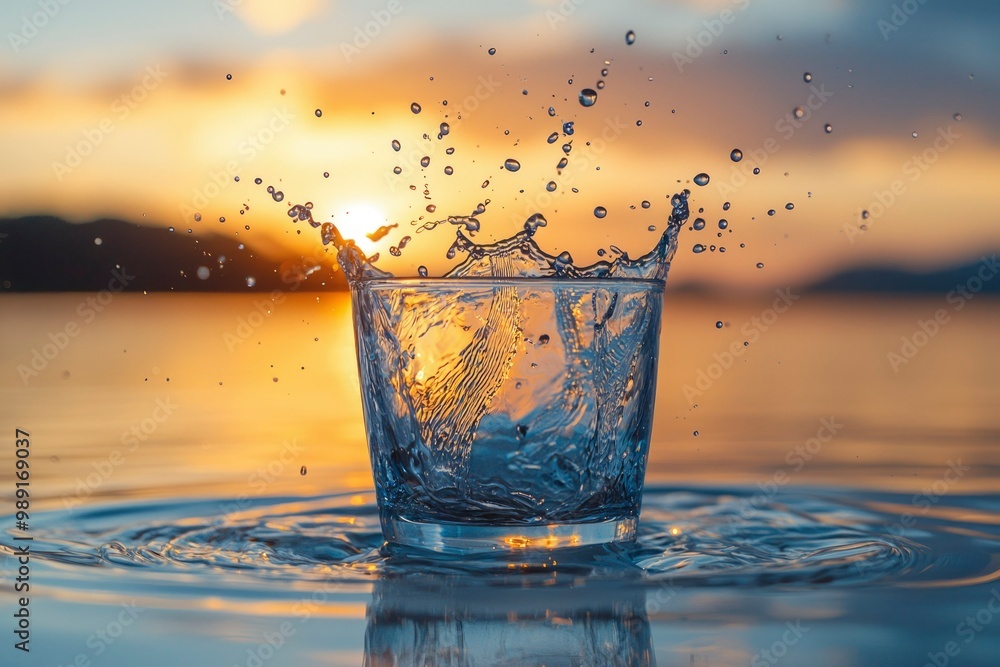 Water Splashing from a Glass at Sunset Water Splashing from a Glass at Sunset