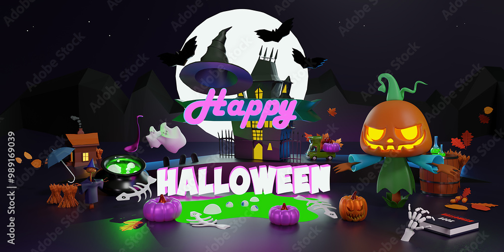 Fototapeta premium Halloween background. Holiday Halloween poster, web banner, greeting card, cover for party invitation. Bright realistic 3d pumpkins.