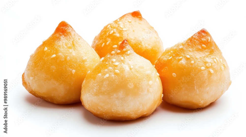 A close up of four small, golden pastries with sesame seeds on top A close up of four small, golden pastries with sesame seeds on top