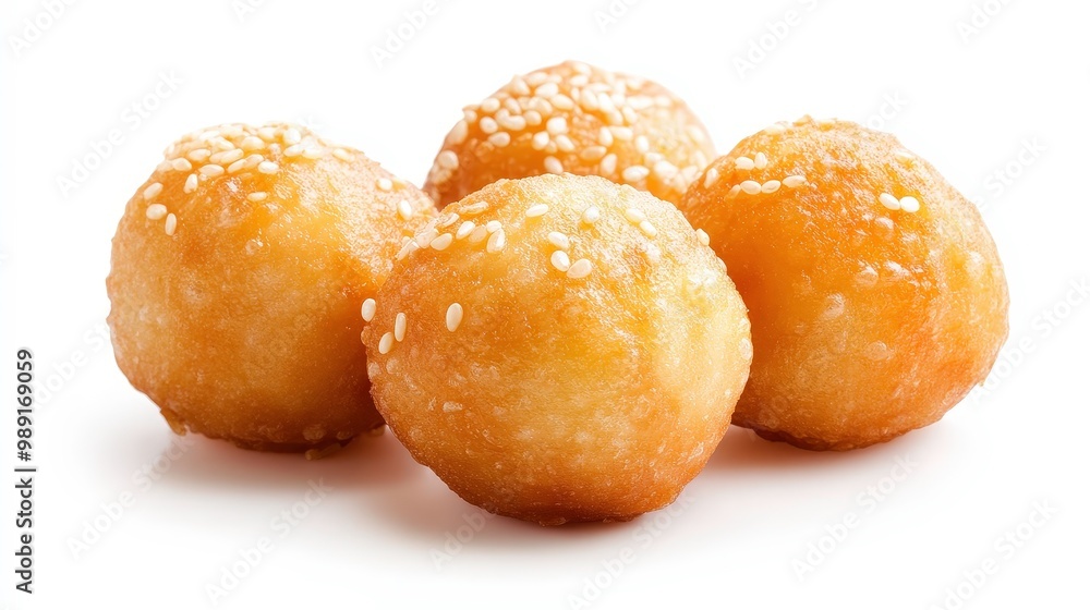 Four small, golden brown, sesame seed-covered doughnuts Four small, golden brown, sesame seed-covered doughnuts