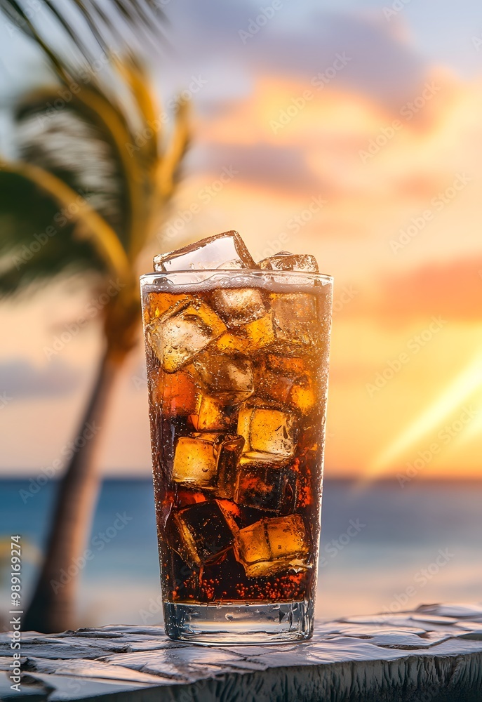 Refreshing Cola Drink with Ice on Tropical Beach Sunset