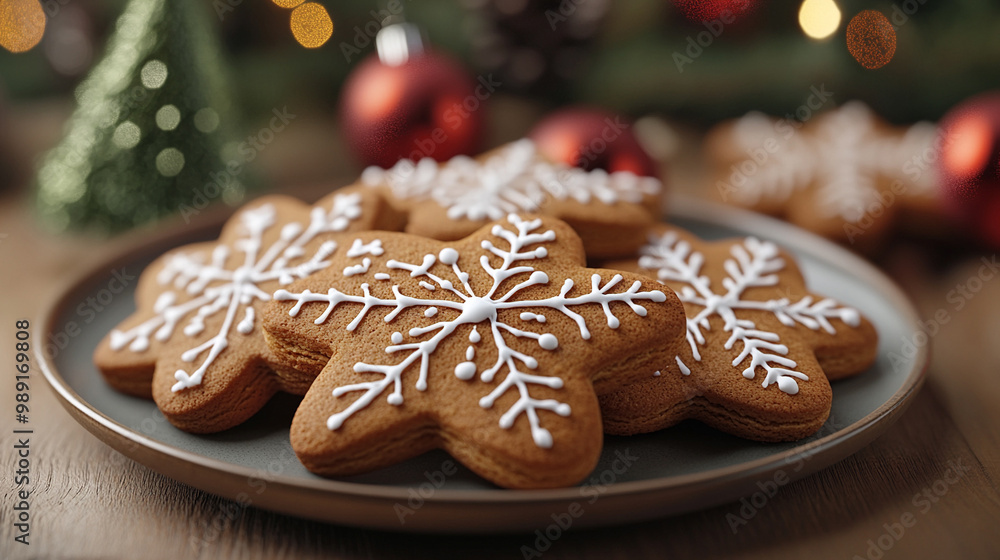 Plated Gingerbread Cookies with Icing and Christmas Tree Decorations in the Background
Plated Gingerbread Cookies with Icing and Christmas Tree Decorations in the Background
