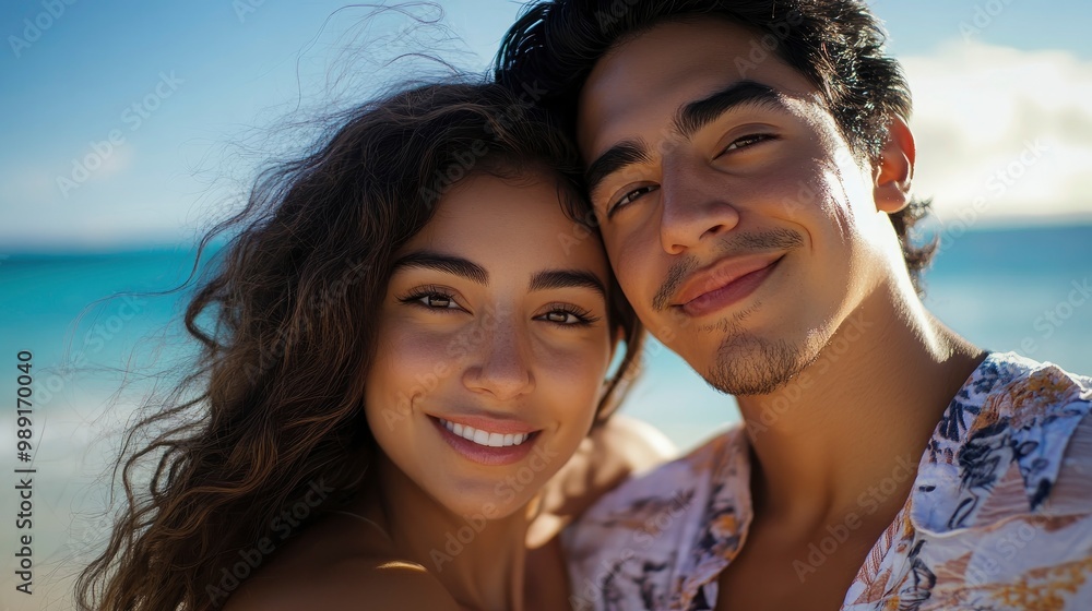 Close up portrait of latin man and woman model couple on the beach feeling lovely Close up portrait of latin man and woman model couple on the beach feeling lovely
