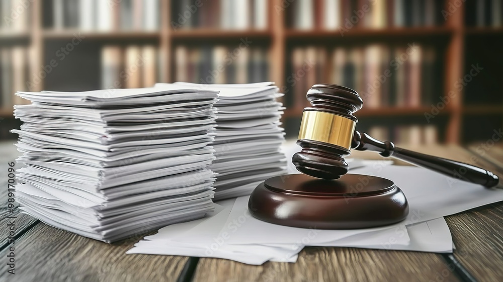 A gavel sitting on top of several stacks and clipboards filled with white paper, representing the documents that have been adopts by law A gavel sitting on top of several stacks and clipboards filled with white paper, representing the documents that have been adopts by law
