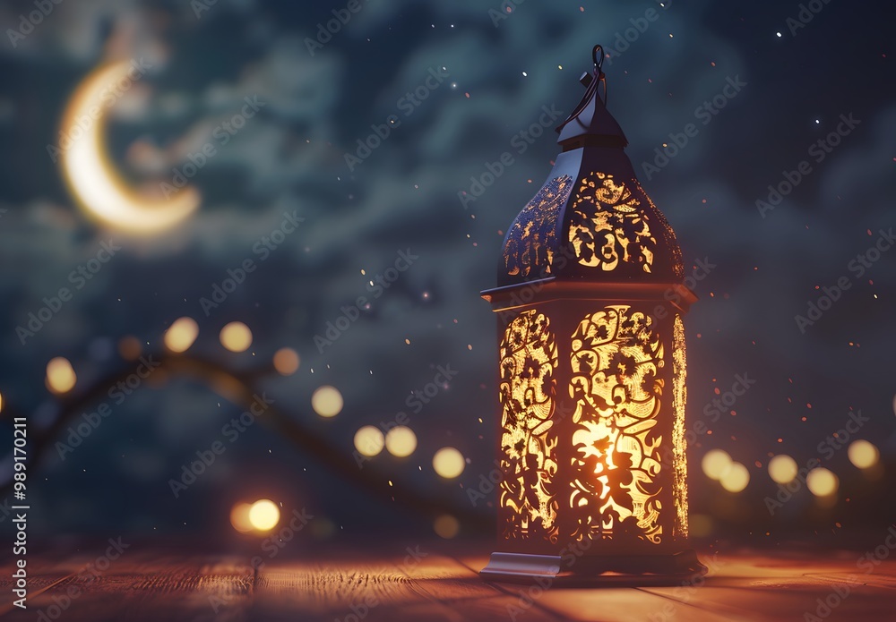 Ornate Lantern Glowing Under Crescent Moon Ornate Lantern Glowing Under Crescent Moon