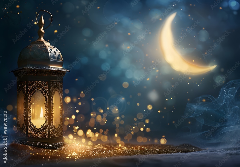Glowing Ramadan Lantern With Crescent Moon Glowing Ramadan Lantern With Crescent Moon