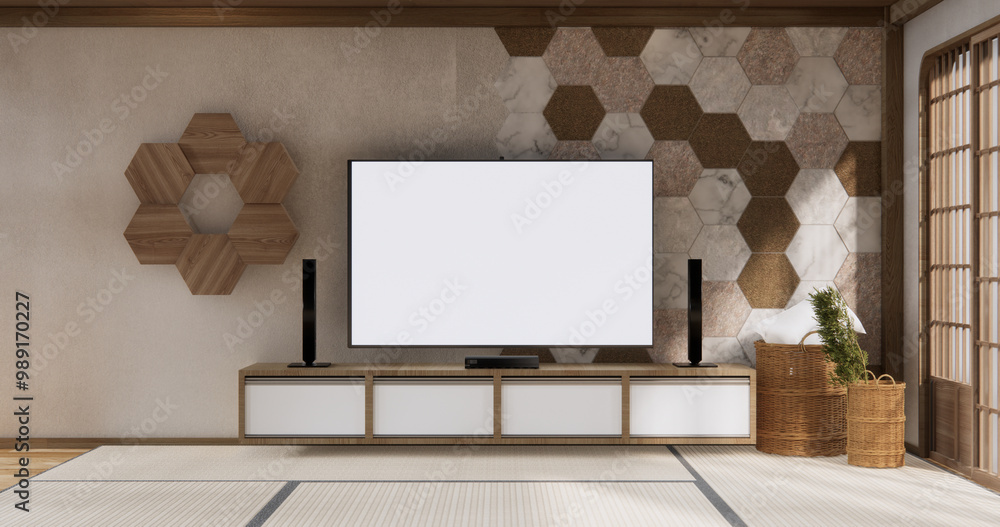 Mockup Cabinet on living room modern style with hexagon tiles wall background.3D rendering Mockup Cabinet on living room modern style with hexagon tiles wall background.3D rendering