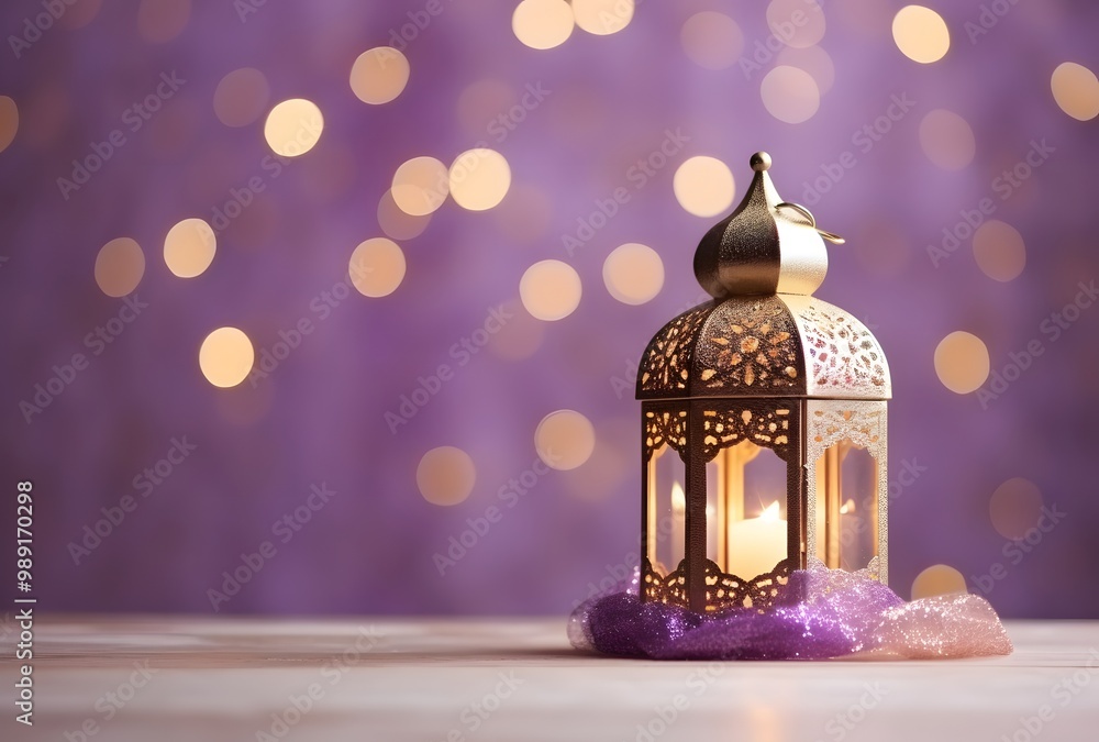 Golden Arabic Lantern With Purple Glass On Table Golden Arabic Lantern With Purple Glass On Table