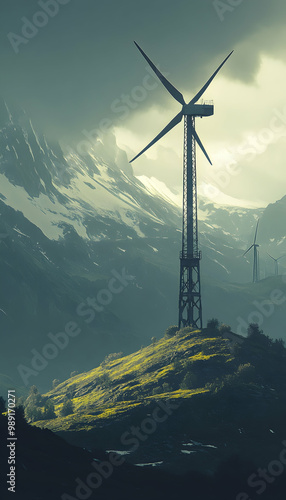 A tall wind tower set against a backdrop of a wind farm far away, captured in a vertical orientation.