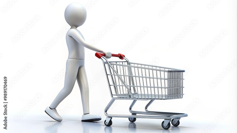 3d man walking and pushing an empty shopping cart 3d man walking and pushing an empty shopping cart