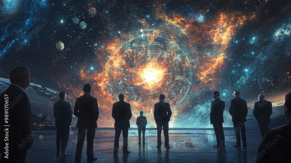 Intergalactic leaders forming a peace pact, holographic treaty, space backdrop, Sci-fi, Digital illustration