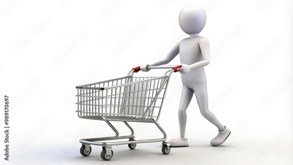 3d man walking and pushing an empty shopping cart 3d man walking and pushing an empty shopping cart