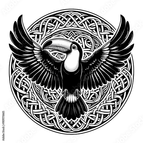 Celtic-inspired Viking Toucan with detailed knotwork in monochrome