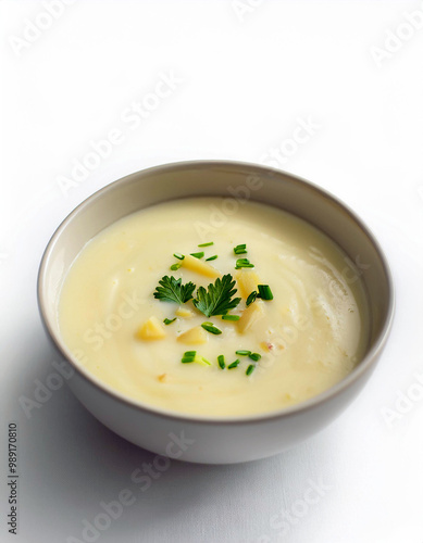 Creamy Potato Soup with Parsley Garnish in Grey Bowl