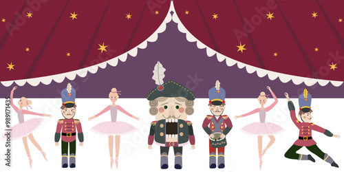 Nutcracker  set: dancing ballerina, toy soldier, nutcracker, theater curtains. Vector  isolated clipart elements.