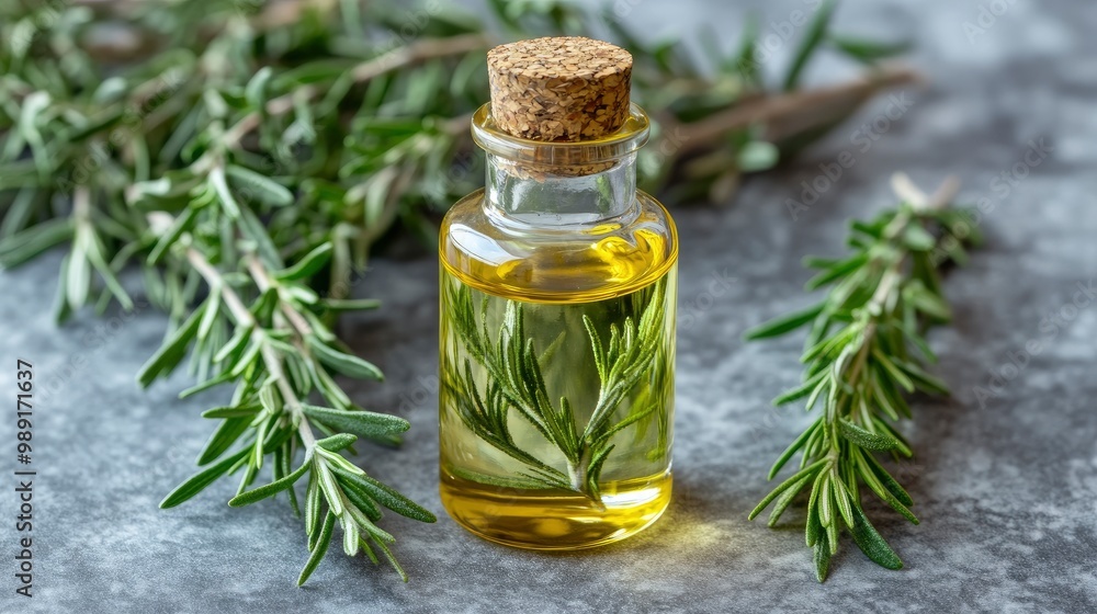 A bottle of herbal oil made from rosemary and peppermint, placed on a stone counter with fresh sprigs nearby, soft natural light