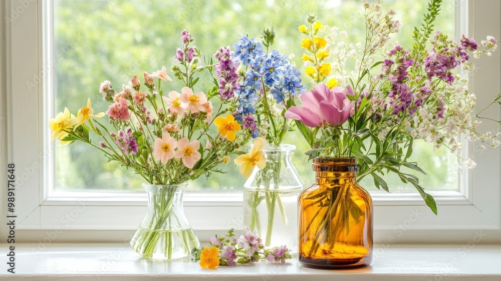 A bottle of homeopathic remedy made from wildflowers, sitting on a windowsill with fresh flowers in a vase, bathed in soft morning light A bottle of homeopathic remedy made from wildflowers, sitting on a windowsill with fresh flowers in a vase, bathed in soft morning light