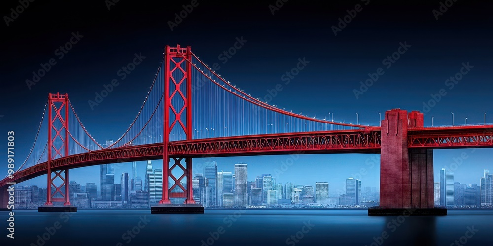 Obraz premium Iconic Red Suspension Bridge Over Skyline Cityscape