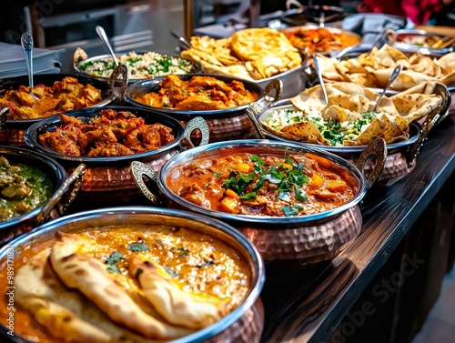 A vibrant Indian buffet with butter chicken, naan bread, samosas, and various chutneys and curries, displayed in copper pots with colorful tablecloths