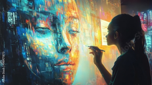 Scene of an AI and a human artist collaborating on a painting, demonstrating tech-art harmony. Illustration, bright and metallic photo