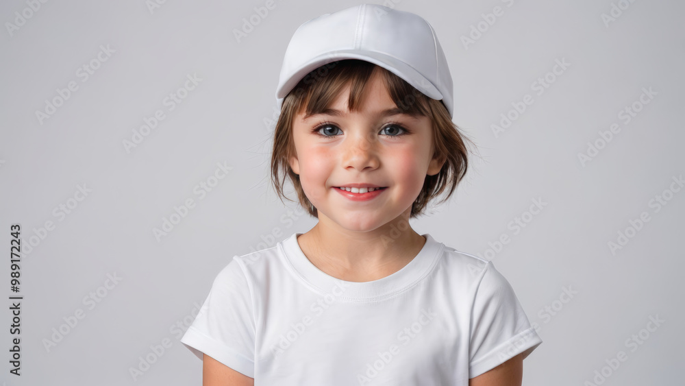 Little girl with short hair wearing white t-shirt and white baseball cap isolated on grey background Little girl with short hair wearing white t-shirt and white baseball cap isolated on grey background
