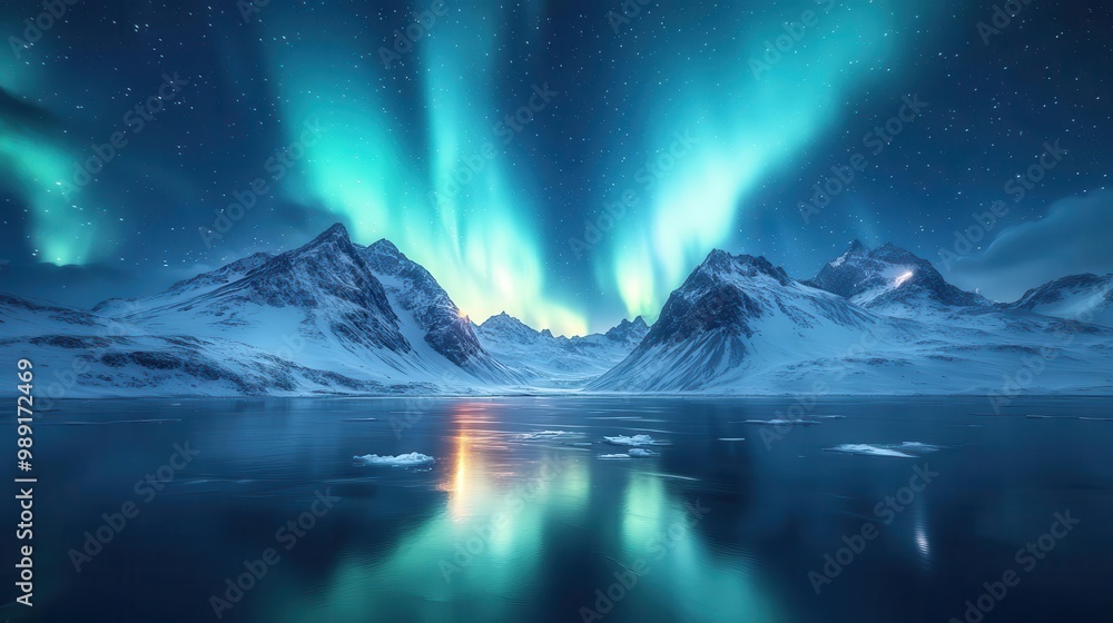 Naklejka premium mesmerizing green aurora borealis dancing over snowcapped mountains starry night sky reflections on icy lake