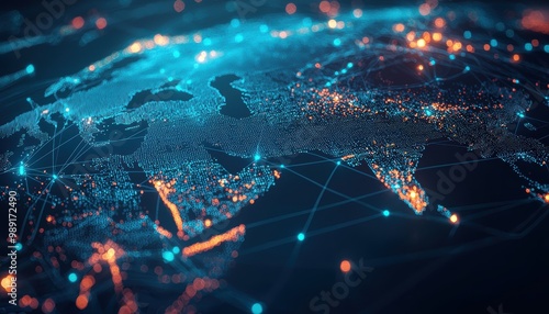 Abstract digital asia map and global network connections background with blue and orange glowing light effects. Technology and Finance banner. Backdrop
