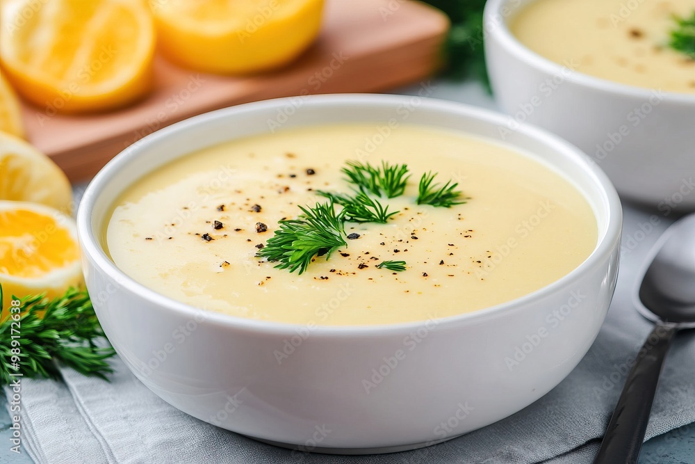 Creamy soup garnished with fresh herbs and black pepper, served in a white bowl with lemon slices in the background. Creamy soup garnished with fresh herbs and black pepper, served in a white bowl with lemon slices in the background.
