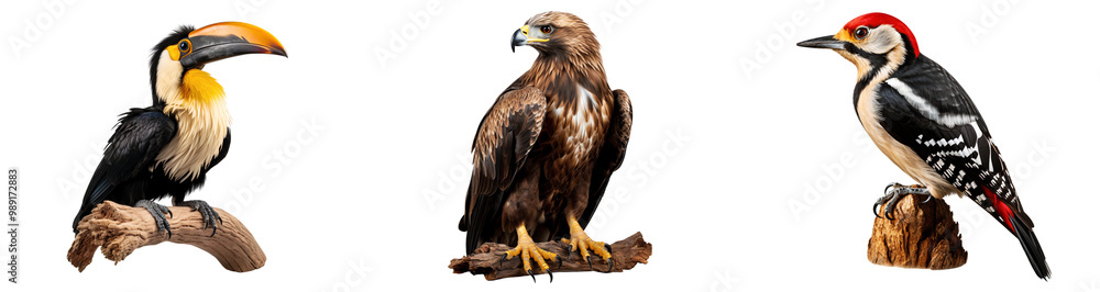 Collection of birds from different species perched on a branch, isolated on transparent background cutout, PNG file Collection of birds from different species perched on a branch, isolated on transparent background cutout, PNG file