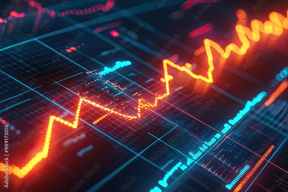 A vibrant digital representation of a financial chart with dynamic trends, ideal for illustrating market analysis and data visualization. A vibrant digital representation of a financial chart with dynamic trends, ideal for illustrating market analysis and data visualization.