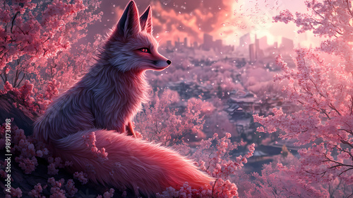 Collection of a majestic kitsune (nine-tailed fox) with fur like spun moonlight overlooks a breathtaking landscape of cherry blossom trees in full bloom. Kitsune. Illustration photo