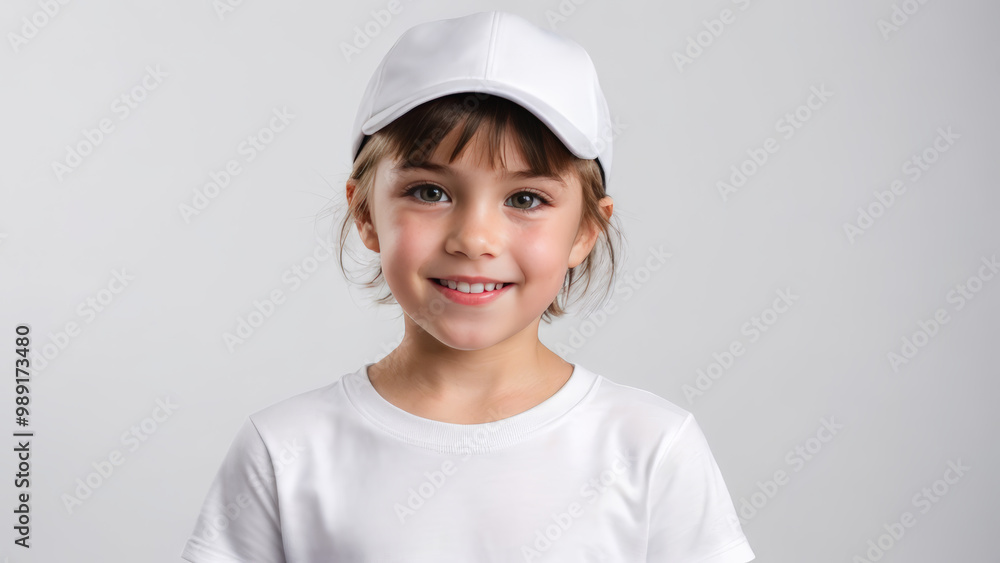 Little girl with short hair wearing white t-shirt and white baseball cap isolated on grey background Little girl with short hair wearing white t-shirt and white baseball cap isolated on grey background