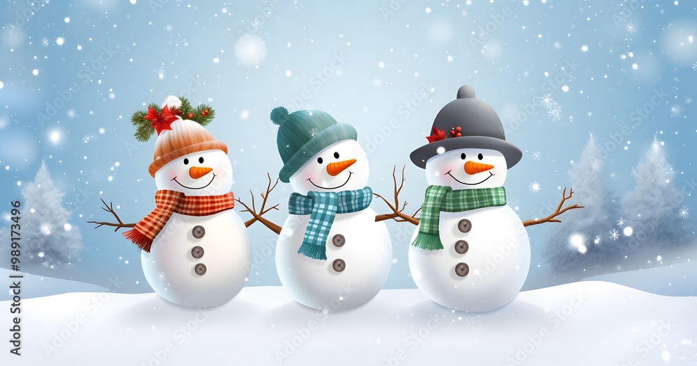 Three Cheerful Snowmen In Winter Wonderland Three Cheerful Snowmen In Winter Wonderland