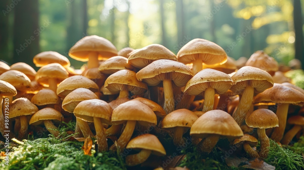 A collection of wild medicinal mushrooms growing on a forest floor, soft morning light filtering through the trees A collection of wild medicinal mushrooms growing on a forest floor, soft morning light filtering through the trees