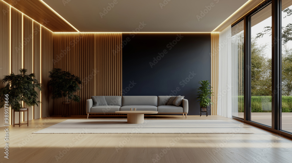 Contemporary Living Room with Gray Sofa and Large Windows Contemporary Living Room with Gray Sofa and Large Windows