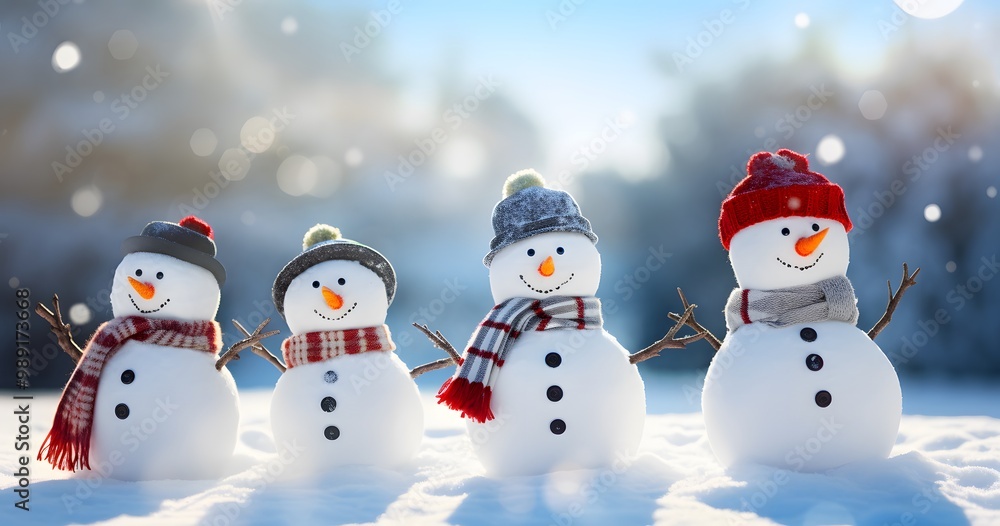 Cute Snowmen with Hats and Scarves in Winter Cute Snowmen with Hats and Scarves in Winter
