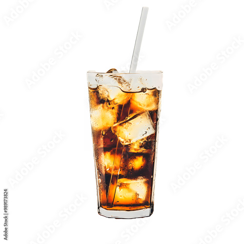 bubbly cola drink with ice and a straw