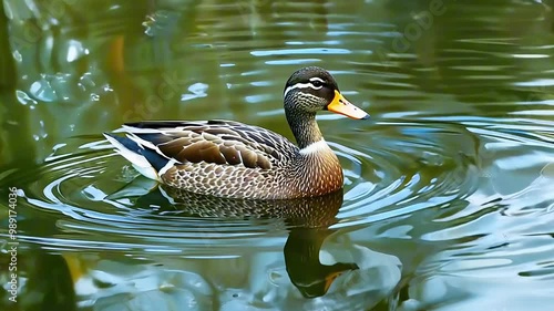 A duck swimming peacefully on calm water reflecting on the surface