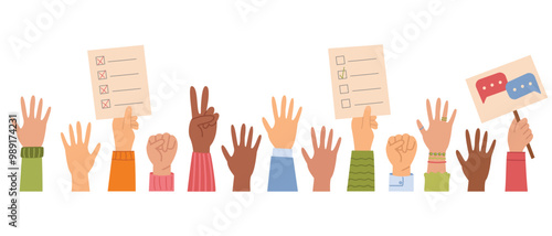 Illustration of hands with voting signs. Diverse human hands holding vote ballots, participate in voting. Voting and elections concept. Vector illustration in flat style.