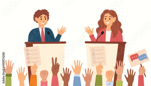 Man and woman speaking from tribune. Debate. Male and female characters speaking from tribunes. Demonstration, conference, meeting, voting. Vector illustration