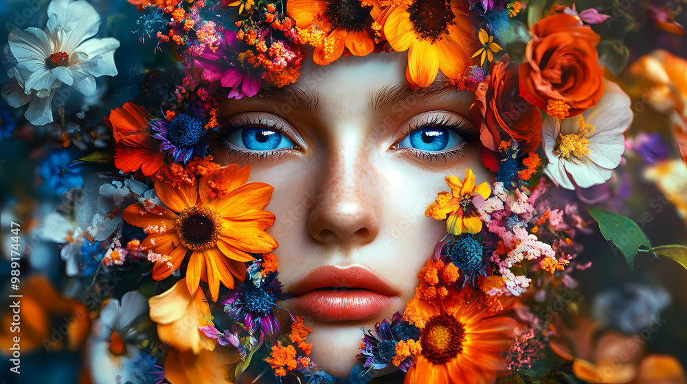Abstract collage with various multicolored flowers on the girls face, bright juicy art photo with a young girl. Surreal Portrait. Illustration Abstract collage with various multicolored flowers on the girls face, bright juicy art photo with a young girl. Surreal Portrait. Illustration