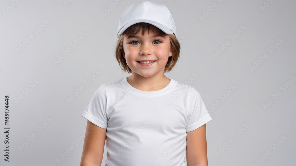 Little girl with short hair wearing white t-shirt and white baseball cap isolated on grey background Little girl with short hair wearing white t-shirt and white baseball cap isolated on grey background