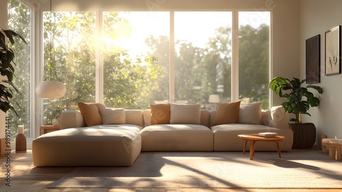 Cozy and inviting modern living room with a large comfortable sectional sofa and minimalist stylish decor The bright natural light filters through the large windows creating a warm neutral toned