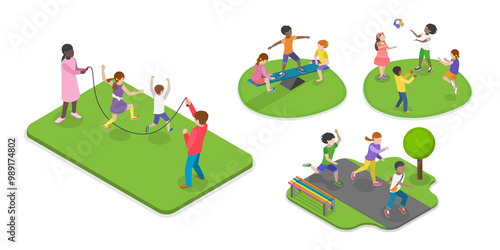 3D Isometric Flat  Illustration of Children Playing Outside, Active Healthy Childhood