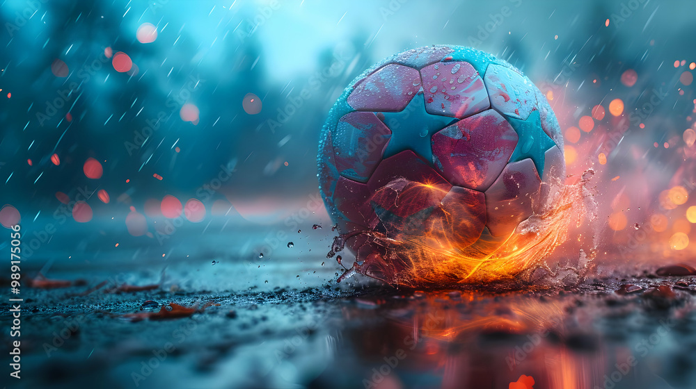 Soccer Ball in a Rainstorm with Fire 3D Illustration Soccer Ball in a Rainstorm with Fire 3D Illustration