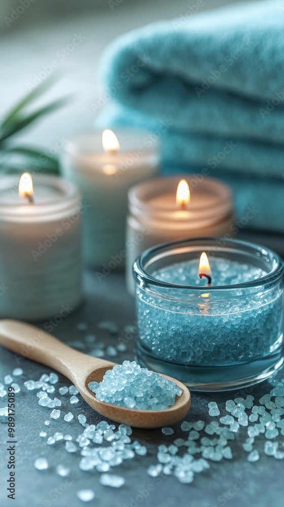Tranquil spa setting featuring lit candles, soothing bath salts, and soft towels, perfect for relaxation and self-care. Tranquil spa setting featuring lit candles, soothing bath salts, and soft towels, perfect for relaxation and self-care.