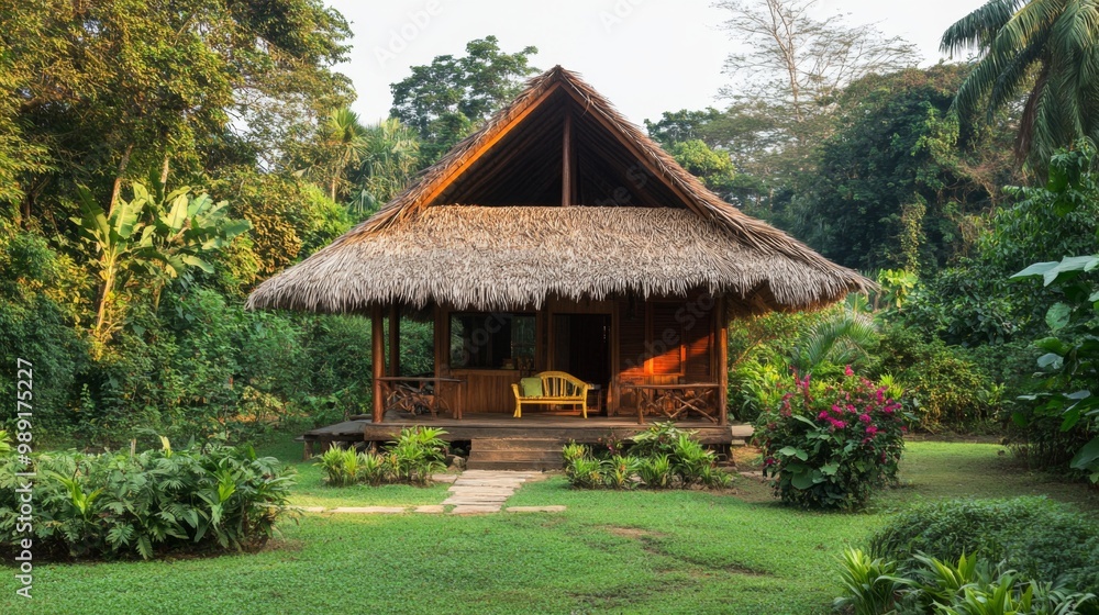 A picturesque view of a garden house with wooden beams and a thatched roof, surrounded by tropical foliage, emphasizing the beauty of rural architecture. A picturesque view of a garden house with wooden beams and a thatched roof, surrounded by tropical foliage, emphasizing the beauty of rural architecture.