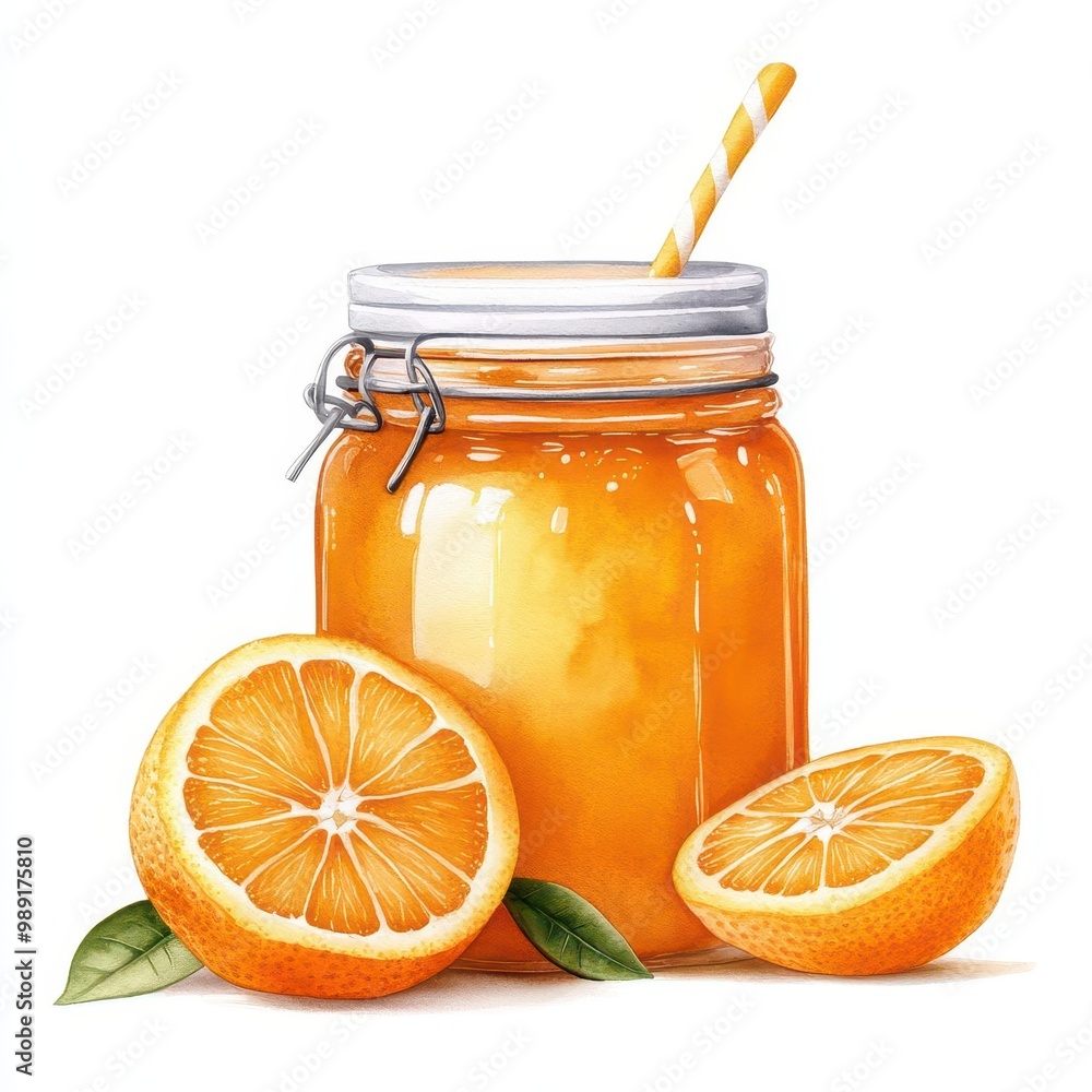 Jar of fresh orange juice with orange slices, ideal for summer drinks. Jar of fresh orange juice with orange slices, ideal for summer drinks.