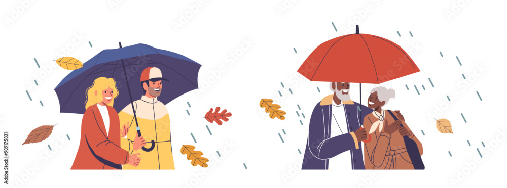 Naklejka premium Characters Of Different Generations Happily Enjoying Rainy Day Together Shielded By Colorful Umbrellas While Smiling